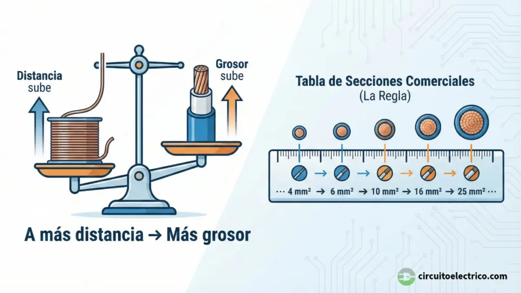 Gráfico educativo sobre cálculo de sección de cable. Izquierda: Una balanza muestra la relación directa donde al aumentar la distancia, debe aumentar el grosor del conductor. Derecha: Regla visual con las secciones comerciales estándar (4, 6, 10, 16, 25 mm²) para guiar el redondeo del resultado