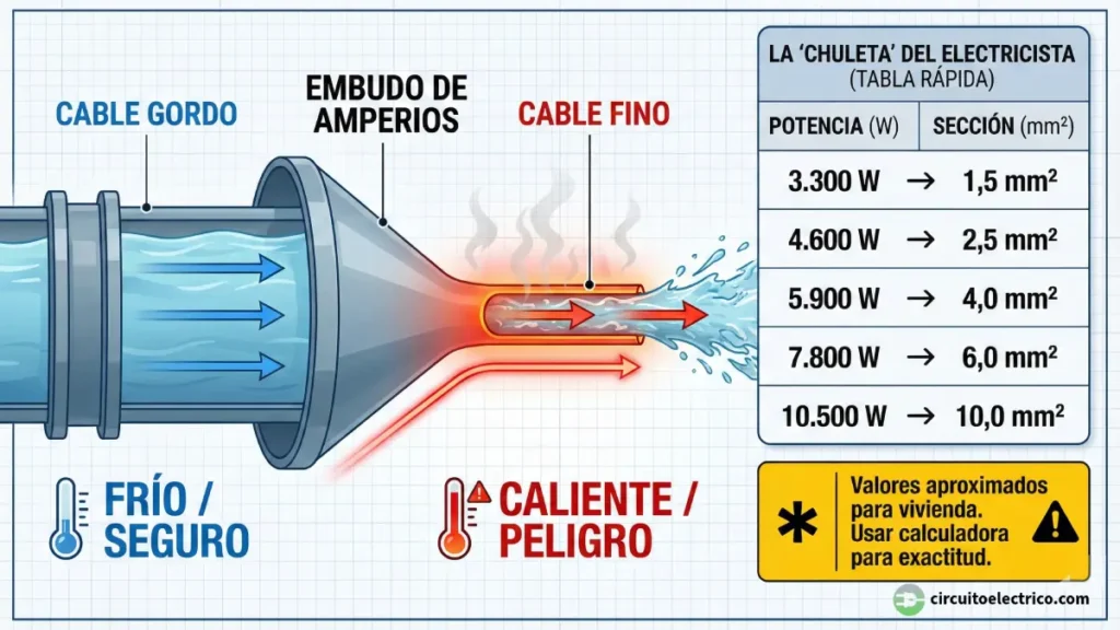 Gráfico explicativo del sobrecalentamiento en cables (Efecto Embudo) comparando un cable grueso (frío/seguro) con uno fino (caliente/peligro). Incluye Tabla Rápida de referencia potencia-sección para viviendas (desde 3.300W para 1,5mm² hasta 10.500W para 10mm²)