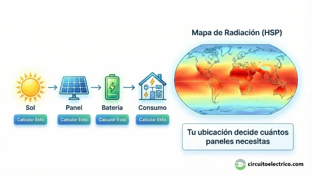 Infografía de calculadoras fotovoltaicas. Izquierda: diagrama de flujo conectando iconos del Sol, Panel, Batería y Consumo. Derecha: mapamundi térmico de radiación solar (HSP) indicando que la ubicación determina los paneles necesarios
