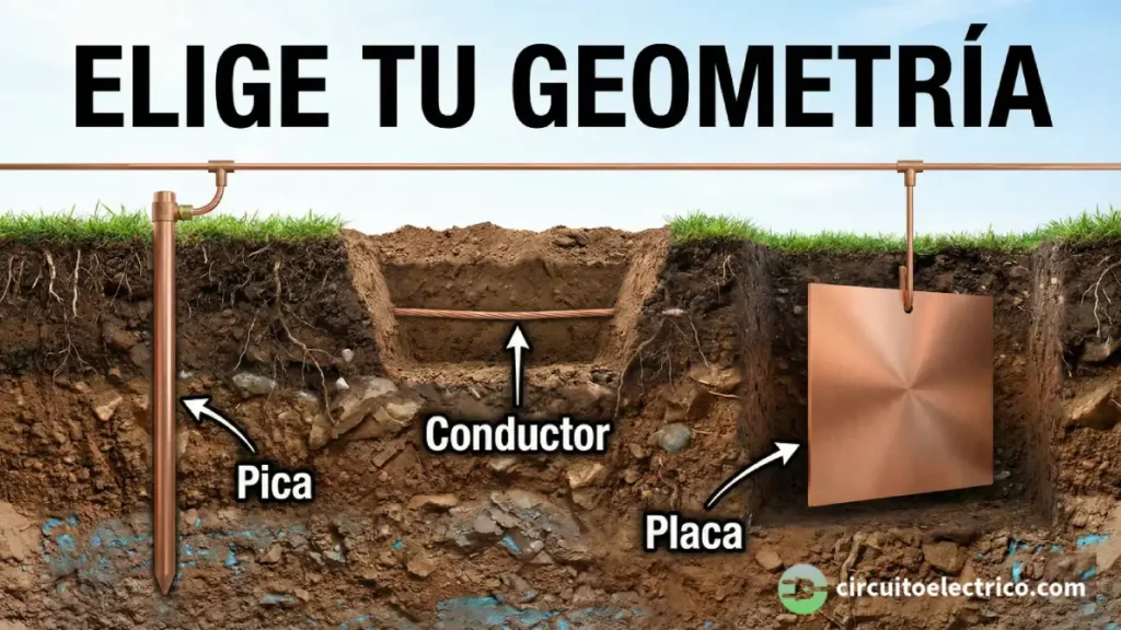 Ilustración 3D del terreno mostrando tres opciones de geometría para instalaciones de toma de tierra. A la izquierda, una pica clavada verticalmente; al centro, un cable conductor enterrado en una zanja horizontal; a la derecha, una placa de cobre cuadrada enterrada en posición vertical