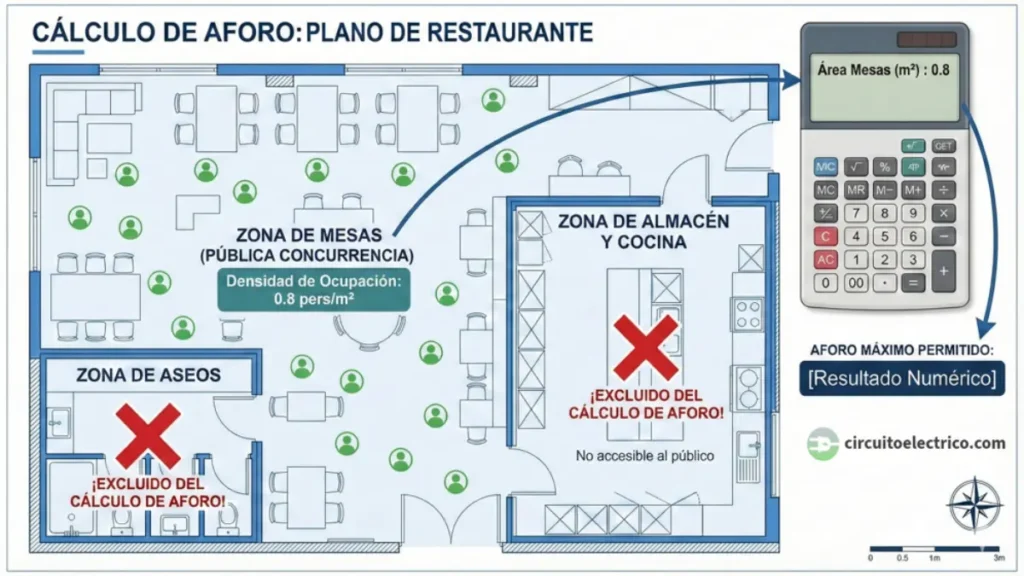 Plano de planta de restaurante mostrando las zonas excluidas del cálculo de aforo. La Zona de Mesas computa a 0.8 pers/m², mientras que la Cocina, el Almacén y los Aseos están marcados con una X roja indicando que no suman ocupantes según normativa