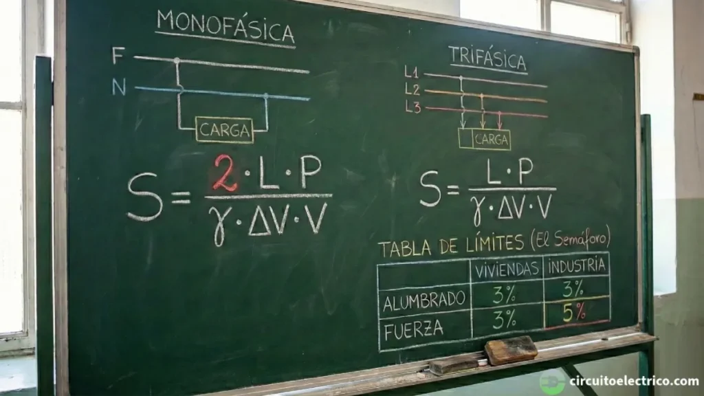 Pizarra educativa con fórmulas de cálculo eléctrico. Izquierda: Fórmula Monofásica destacando el coeficiente 2 en rojo. Derecha: Fórmula Trifásica. Abajo: Tabla de límites de caída de tensión permitida según REBT para Viviendas (3% en todo) e Industria (3% alumbrado, 5% fuerza)