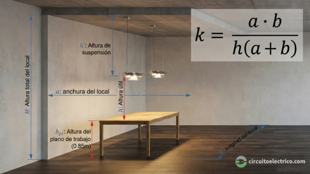 Esquema de cotas para el cálculo del Índice del Local (k). Muestra la fórmula matemática superpuesta y define las alturas clave en una habitación: Altura Total (H), Altura de Suspensión (h'), Altura del Plano de Trabajo (hpt, 0.85m) y la Altura Útil (h) entre la luminaria y la mesa