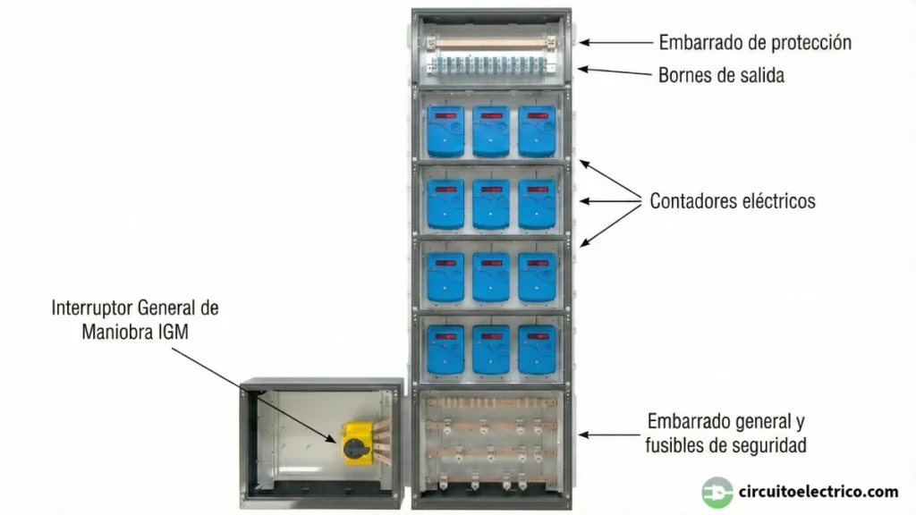 Despiece técnico de una centralización de contadores eléctricos. Izquierda: Interruptor General de Maniobra (IGM) con mando rotativo. Centro: Columna de contadores digitales azules. Abajo: Embarrado de cobre con bases de fusibles de seguridad. Arriba: Borneros de salida y embarrado de protección (tierra)