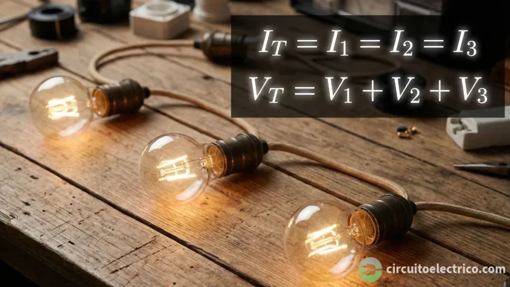 Circuito en serie con tres bombillas conectadas linealmente, mostrando las fórmulas clave: la intensidad es constante (IT = I1 = I2 = I3) y el voltaje total es la suma de las caídas (VT = V1 + V2 + V3)