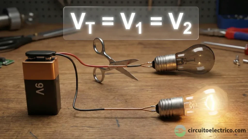 Ilustración de un circuito en paralelo con dos bombillas donde una tijera corta una rama (bombilla apagada) mientras la otra permanece encendida. La fórmula superpuesta VT = V1 = V2 indica que el voltaje se mantiene igual en las ramas activas