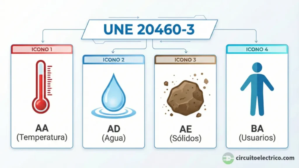 Tabla infográfica de Influencias Externas según norma UNE 20460-3. Iconos explicativos de los códigos de clasificación: AA (Temperatura ambiente), AD (Presencia de agua), AE (Cuerpos sólidos/polvo) y BA (Cualificación de los usuarios)