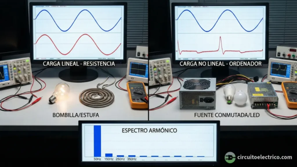 Comparativa en osciloscopio de tipos de cargas eléctricas. Izquierda: Carga Lineal (Bombilla/Estufa) con ondas de voltaje y corriente senoidales idénticas. Derecha: Carga No Lineal (Fuente PC/LED) mostrando una onda de corriente pulsante y deformada. Abajo: Gráfico de barras del Espectro Armónico