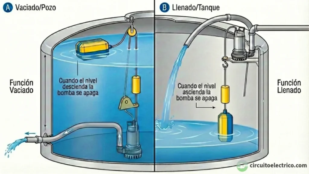 Esquema de funcionamiento de una boya de nivel para bombas de agua. Panel A: Función Vaciado (Pozo) con la boya flotando y la bomba extrayendo agua. Panel B: Función Llenado (Tanque) con la boya colgando y la bomba introduciendo agua. Se destaca el uso del contrapeso amarillo