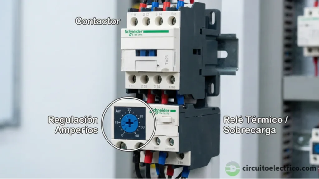 Montaje de un arrancador de motor: un Contactor en la parte superior acoplado mecánicamente a un Relé Térmico de sobrecarga en la inferior. Un detalle ampliado muestra el dial azul de "Regulación Amperios" para el ajuste fino de la protección
