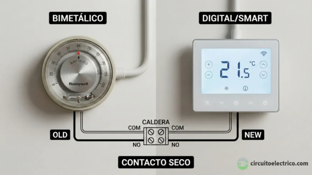 Comparativa de conexión de termostatos para caldera. A la izquierda, modelo antiguo "Bimetálico" (Old); a la derecha, modelo moderno "Digital/Smart" (New). El esquema inferior muestra que ambos se conectan igual: usando los bornes COM y NO para cerrar el "Contacto Seco"