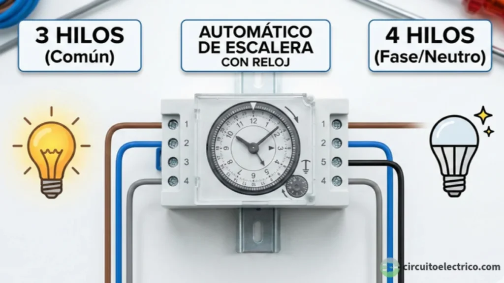 Esquema de conexión de un automático de escalera con reloj temporizador. A la izquierda, configuración de 3 Hilos (Común) con bombilla clásica; a la derecha, configuración de 4 Hilos (Fase/Neutro) con bombilla LED moderna