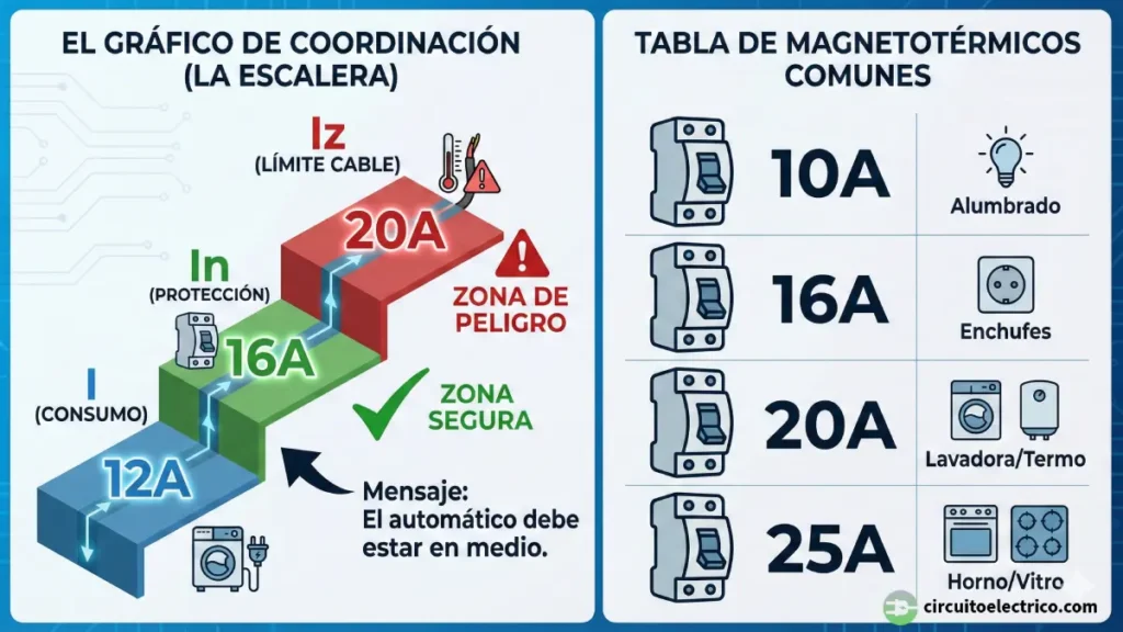 Gráfico educativo sobre la selección de protecciones eléctricas. Izquierda: "La Escalera" de coordinación donde el Consumo (12A) es el escalón bajo, la Protección (16A) el medio y el Límite del Cable (20A) el alto. Derecha: Tabla de magnetotérmicos comunes en vivienda: 10A (Alumbrado), 16A (Enchufes), 20A (Lavadora/Termo) y 25A (Horno/Vitro)