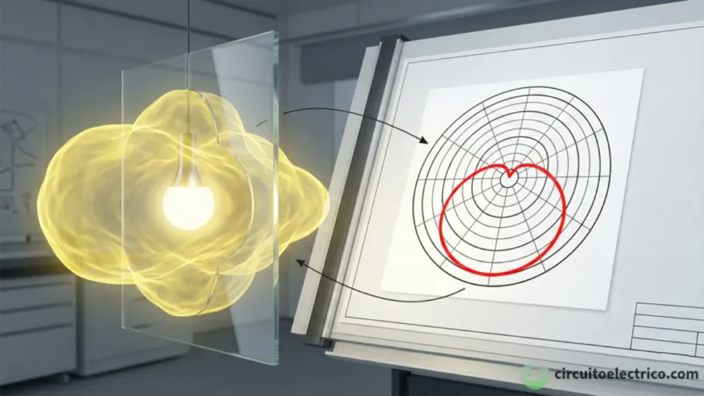 Ilustración del concepto de Curva Fotométrica. Izquierda: Lámpara rodeada por su Sólido Fotométrico 3D (nube amarilla). Centro: Un plano de corte atraviesa el sólido. Derecha: El resultado del corte se plasma en un Diagrama Polar 2D (línea roja) sobre un plano técnico