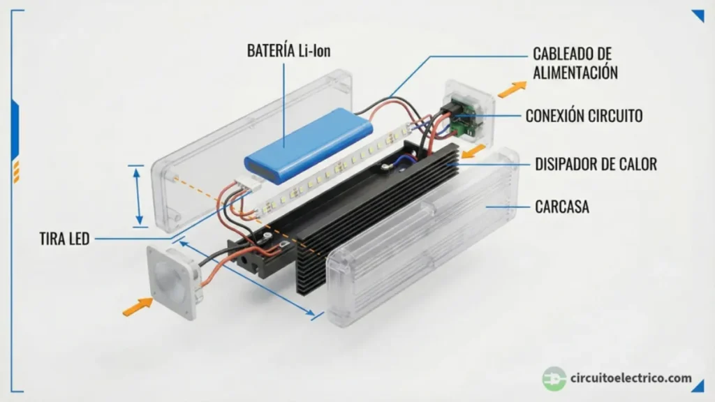 Vista en despiece (explosionada) 3D de una luminaria de emergencia LED. Se detallan los componentes internos: Batería de Li-Ion (azul) para autonomía, Tira LED, Disipador de calor de aluminio y electrónica de conexión dentro de la carcasa
