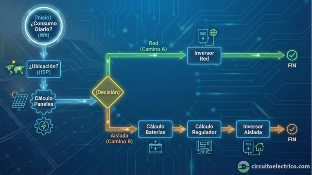 Diagrama de flujo del proceso de diseño solar fotovoltaico sobre fondo tecnológico. Muestra la secuencia lógica: 1. Definir Consumo Diario (Wh) y Ubicación (HSP). 2. Calcular número de Paneles. 3. Decisión de sistema: Conexión a Red (Camino A verde: solo Inversor) o Aislada (Camino B naranja: requiere Baterías, Regulador e Inversor)