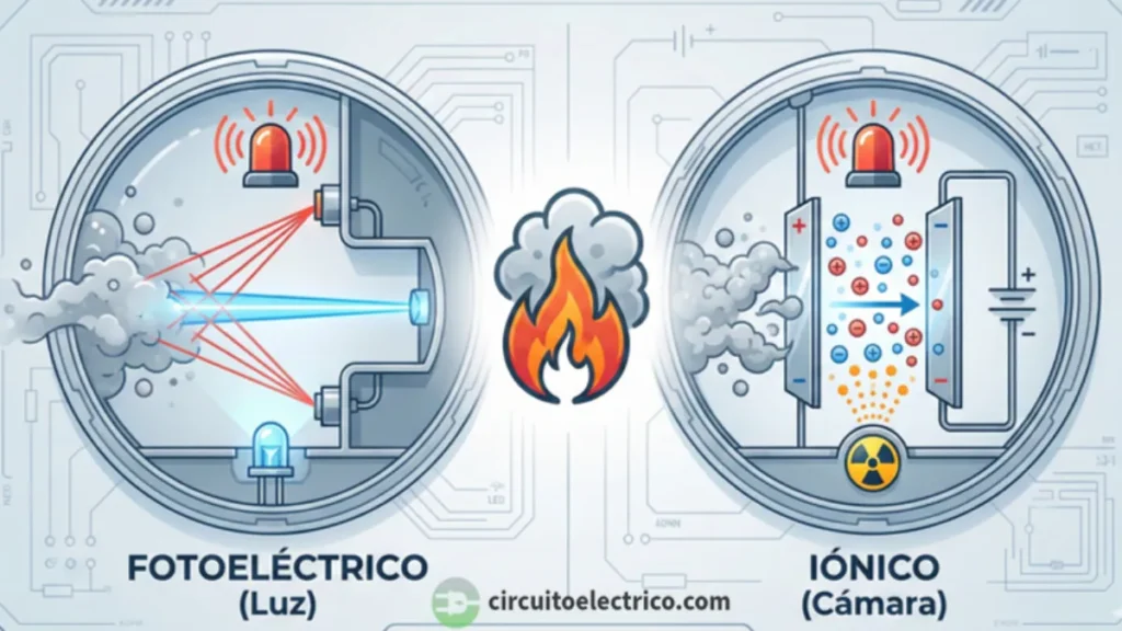 Ilustración comparativa del funcionamiento interno de detectores de humo. A la izquierda, el tipo "Fotoeléctrico (Luz)" detecta la dispersión del haz luminoso. A la derecha, el tipo "Iónico (Cámara)" detecta la interrupción del flujo de partículas cargadas