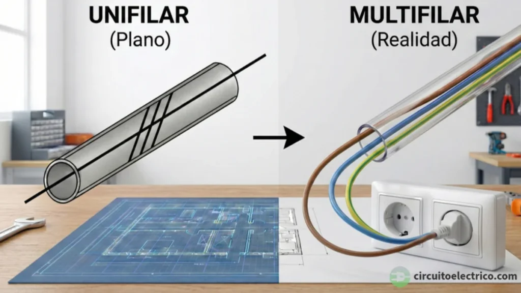 Comparativa visual entre tipos de esquemas. A la izquierda, "Unifilar (Plano)" mostrando el símbolo técnico de un tubo con 3 rayas oblicuas. A la derecha, "Multifilar (Realidad)" revelando el interior: un tubo transparente con los tres cables físicos (Fase, Neutro y Tierra) conectándose a un enchufe
