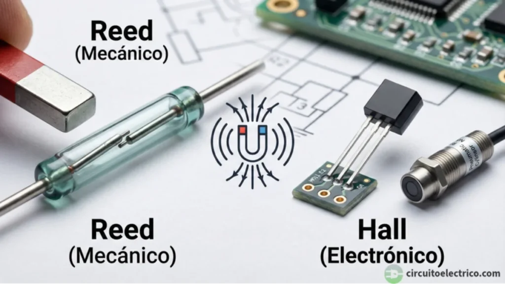 Comparativa de sensores magnéticos. A la izquierda, un interruptor Reed (Mecánico) consistente en una ampolla de vidrio y un imán. A la derecha, un sensor de efecto Hall (Electrónico) tipo transistor y uno industrial. En el centro, el icono de campo magnético