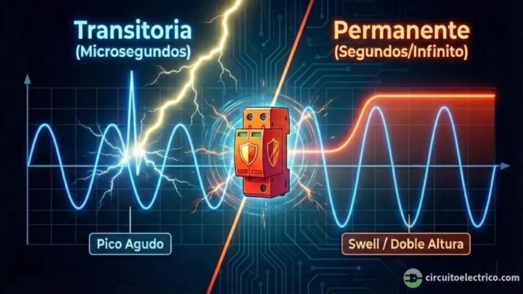 Gráfico comparativo dividido diagonalmente: a la izquierda, una sobretensión transitoria mostrada como un pico agudo de microsegundos (rayo); a la derecha, una sobretensión permanente mostrada como una onda sostenida de doble altura (swell). En el centro, un dispositivo protector (DPS) actúa como escudo