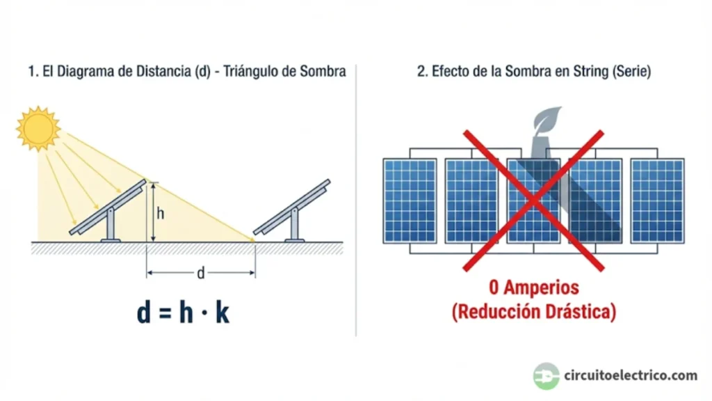 Gráfico técnico sobre sombras en fotovoltaica. 1. Diagrama de cálculo de la distancia mínima (d) entre filas de paneles basándose en la altura (h) y el ángulo solar. 2. Representación del fallo en un sistema en serie (String): una sombra en un solo panel bloquea el flujo de corriente (0 Amperios) de toda la fila