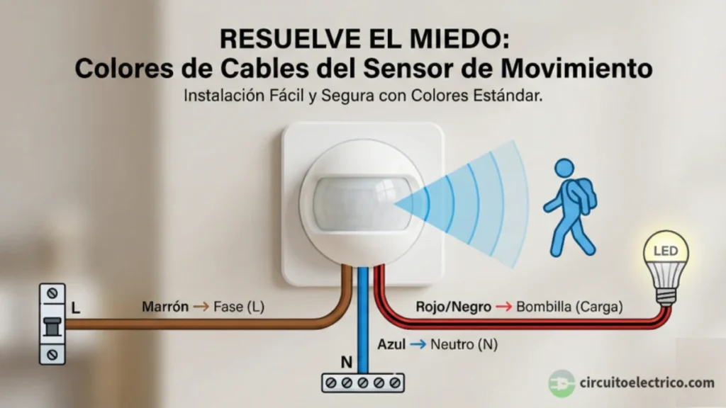 Esquema de instalación de un sensor de movimiento con su código de colores explicado: cable Marrón a Fase (L), cable Azul a Neutro (N) y cable Rojo/Negro conectado a la bombilla (Carga). Un icono de una persona caminando ilustra la detección