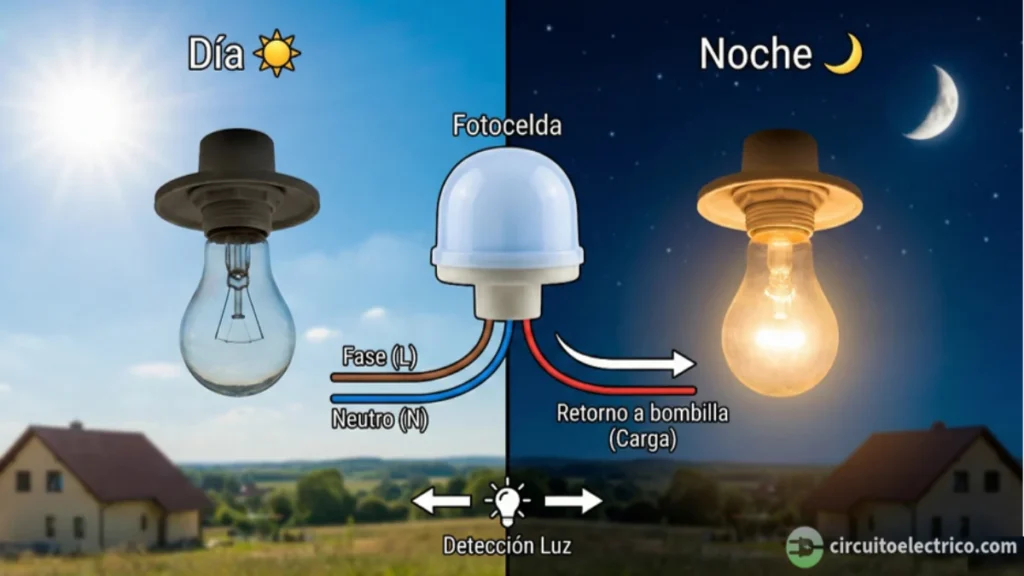 Esquema de funcionamiento y conexión de una fotocelda o interruptor crepuscular. El gráfico se divide en dos: "Día" (bombilla apagada) y "Noche" (bombilla encendida). Se muestra el cableado de tres hilos: Fase (L) y Neutro (N) para alimentación, y el Retorno (rojo) que activa la bombilla al detectar falta de luz