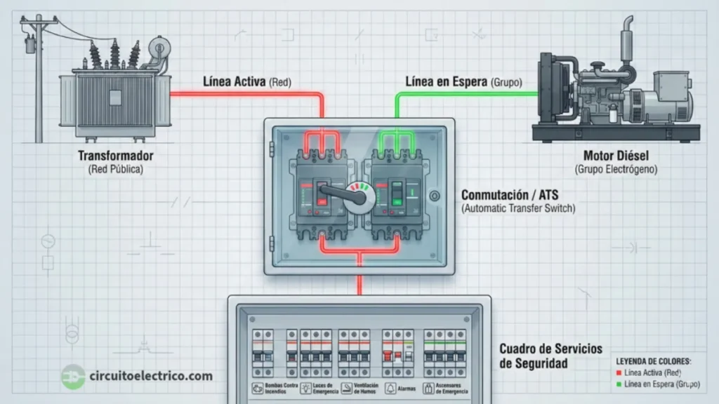 Esquema de funcionamiento de un Sistema de Conmutación (ATS) para suministro de socorro. Muestra dos fuentes de energía: el Transformador de Red Pública (Línea Activa Roja) y el Grupo Electrógeno Diésel (Línea en Espera Verde). El conmutador central selecciona la fuente activa para alimentar el Cuadro de Servicios de Seguridad (Bombas de incendio, luces de emergencia, ventilación)