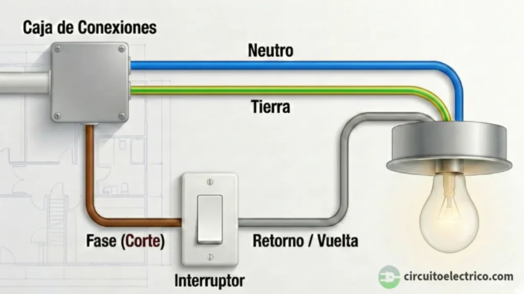 Ilustración semi-realista de una instalación eléctrica básica desde una caja de conexiones. Muestra el cable de Fase haciendo el corte en el interruptor, el cable de Retorno / Vuelta conectando a la bombilla y el Neutro yendo directo
