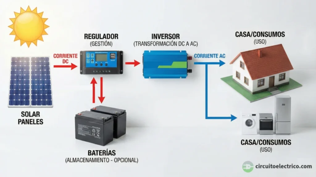 Diagrama de flujo de energía en una instalación solar fotovoltaica para vivienda. Muestra la generación en corriente continua (DC, flechas rojas) mediante paneles y baterías, regulada por un controlador, y su conversión final a corriente alterna (AC, flechas azules) mediante un inversor para alimentar los electrodomésticos