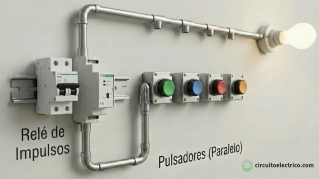 Esquema de instalación con tubería vista de un circuito de alumbrado. Un "Relé de Impulsos" en el cuadro controla una bombilla, activado por una serie de botones de colores etiquetados como "Pulsadores (Paralelo)"