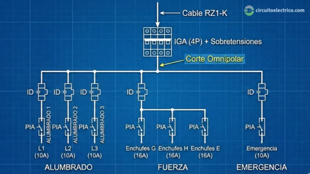 Esquema unifilar de un cuadro eléctrico para local de pública concurrencia sobre fondo azul técnico. Muestra la entrada con cable RZ1-K y un IGA tetrapolar con corte omnipolar. La distribución se divide en tres bloques: Alumbrado (con tres líneas independientes L1, L2, L3), Fuerza y Emergencia