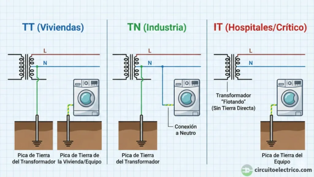 Gráfico comparativo de regímenes de neutro: TT (Viviendas) con tierras independientes, TN (Industria) con conexión a neutro y IT (Hospitales/Crítico) con transformador aislado o flotante