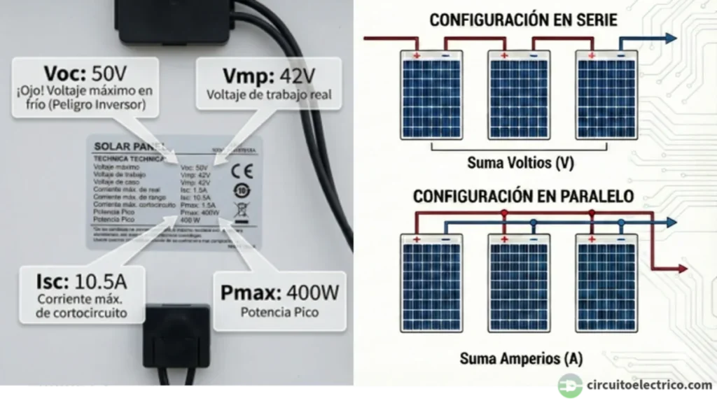 Guía técnica de paneles solares. Izquierda: Etiqueta de especificaciones destacando Voc (Voltaje máximo en frío) y Pmax. Derecha: Esquemas de conexión comparando Serie (Suma Voltios) vs Paralelo (Suma Amperios) para el diseño de strings