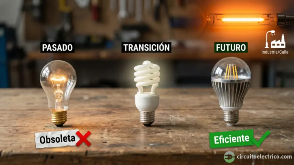 Línea de tiempo de tecnologías de iluminación. Izquierda: Bombilla Incandescente (Pasado/Obsoleta). Centro: Bombilla de Bajo Consumo CFL (Transición). Derecha: Bombilla LED (Futuro/Eficiente). Esquina superior: Lámpara tubular de Vapor de Sodio para industria y alumbrado público