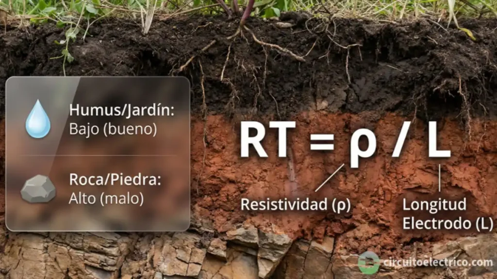 Infografía técnica sobre puesta a tierra. Muestra un corte de terreno comparando la resistividad (baja en Humus, alta en Roca) y presenta la fórmula matemática para picas verticales, relacionando la Resistencia con la Longitud del electrodo