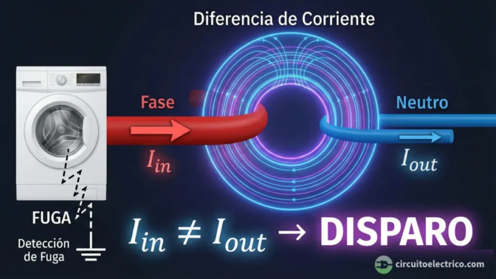 Esquema de funcionamiento de un interruptor diferencial: un toroide magnético compara la corriente de entrada (Iin) y salida (Iout). Al detectar una fuga ("Diferencia de corriente"), la fórmula Iin ≠ Iout activa el DISPARO