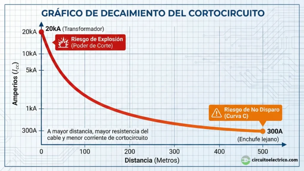 Gráfico de curva de decaimiento de la corriente de cortocircuito (Icc) frente a la distancia en metros. Muestra el riesgo de explosión por alta corriente (20kA) cerca del transformador y el riesgo de no disparo por baja corriente (300A) en enchufes lejanos, donde una Curva C podría no actuar