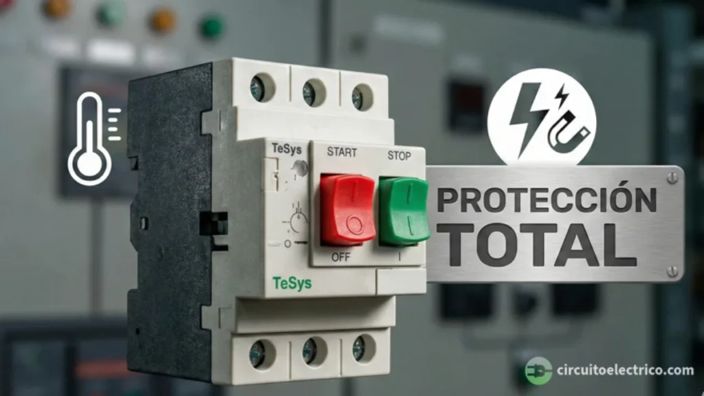 Primer plano de un guardamotor TeSys con botones de Start/Stop manuales. Iconos de termómetro e imán ilustran el concepto de "Protección Total": combina protección térmica contra sobrecargas y magnética contra cortocircuitos