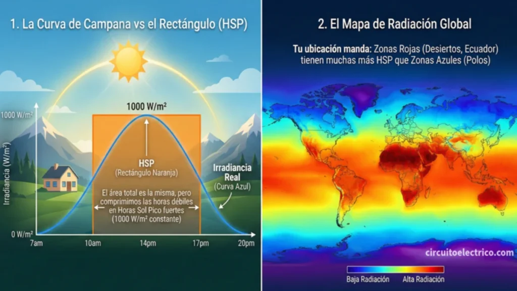 Infografía explicativa sobre Horas Sol Pico (HSP). Izquierda: Gráfico comparando la curva de irradiancia solar diaria (azul) con el rectángulo de energía equivalente (HSP). Derecha: Mapa de radiación global mostrando la intensidad solar por zonas geográficas (rojo alta, azul baja)