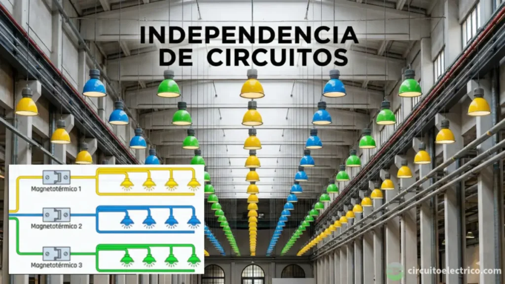 Esquema de independencia de circuitos de alumbrado en un local grande. Muestra tres líneas de lámparas (amarillas, azules y verdes) intercaladas en el techo. Cada color está conectado a un magnetotérmico distinto (1, 2 y 3), demostrando que si falla uno, el resto sigue iluminando