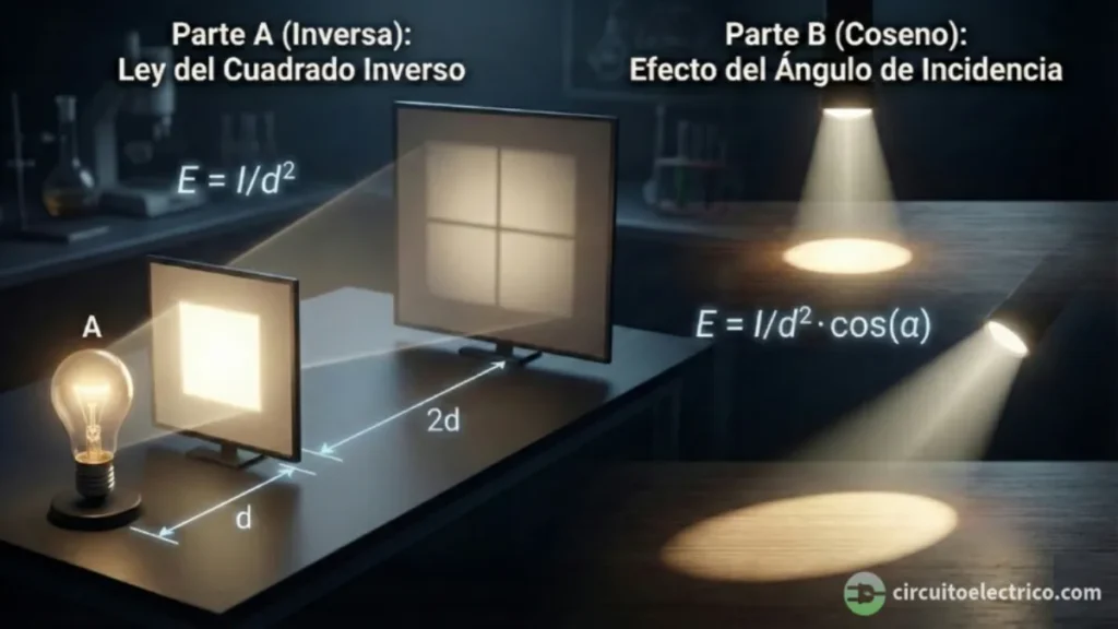 Esquema gráfico de leyes de iluminación. Parte A: Ley del Cuadrado Inverso ($E=I/d^2$) mostrando la pérdida de intensidad al duplicar la distancia. Parte B: Ley del Coseno ($E=I/d^2 \cdot \cos(\alpha)$) comparando un haz perpendicular concentrado con uno inclinado y disperso