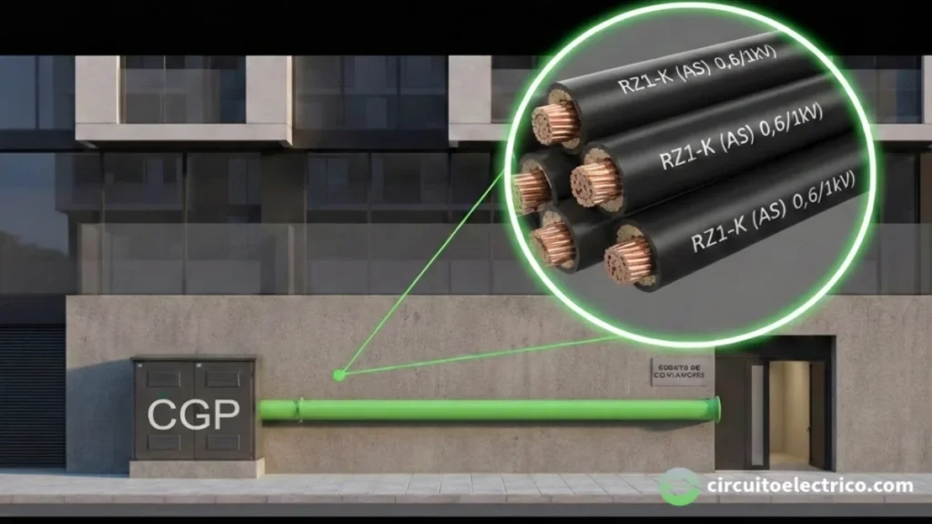 Esquema del trazado de la Línea General de Alimentación (LGA). Muestra la conexión mediante tubo entre la CGP en fachada y el cuarto de contadores, con un detalle zoom de los cables obligatorios RZ1-K (AS) de 0,6/1kV (No propagador de incendio)
