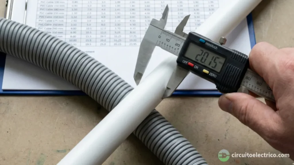 Primer plano de una medición técnica de conductos. Una mano utiliza un calibre digital (pie de rey) para verificar el diámetro de un tubo rígido blanco, cruzado sobre un tubo corrugado gris, con una tabla de cálculo de secciones desenfocada al fondo