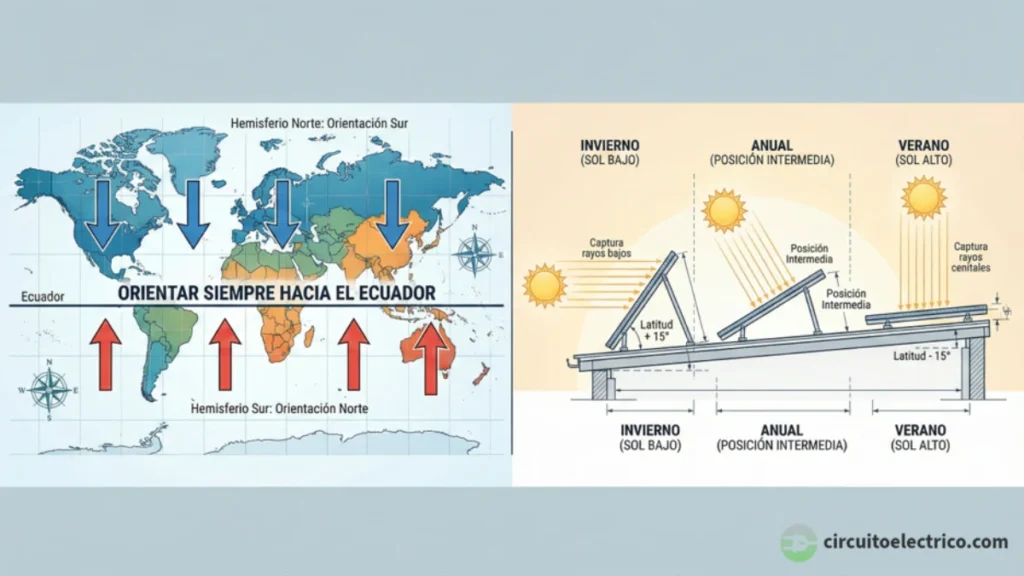 Infografía de posicionamiento de paneles solares. Izquierda: Mapa mundial indicando la orientación correcta siempre hacia el Ecuador (Sur en Hemisferio Norte, Norte en Hemisferio Sur). Derecha: Esquema de ángulos de inclinación según la estación: panel levantado en Invierno (Latitud +15°) para sol bajo, y plano en Verano (Latitud -15°) para sol alto