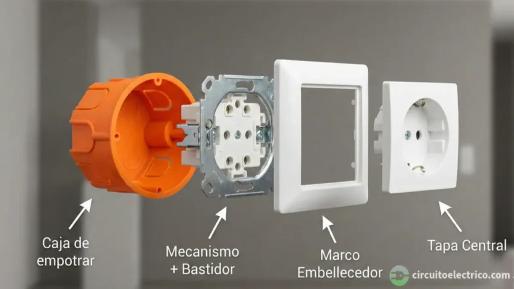 Vista despiezada (exploded view) de un enchufe de pared. Muestra los 4 componentes alineados: Caja de empotrar naranja, Mecanismo con bastidor metálico, Marco embellecedor blanco y Tapa central con tomas de tierra