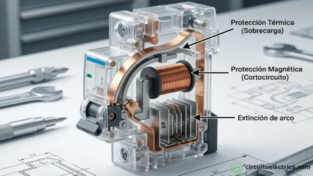 Vista en sección transparente de un interruptor magnetotérmico mostrando sus componentes internos: la lámina bimetálica para protección térmica (sobrecarga), la bobina para protección magnética (cortocircuito) y la cámara de extinción de arco
