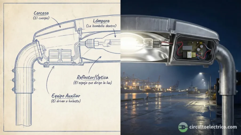 Sección técnica comparativa de una luminaria de alumbrado exterior. Izquierda: Plano técnico azul detallando Carcasa, Lámpara, Reflector y Equipo Auxiliar. Derecha: Vista real en corte (cross-section) mostrando los componentes internos y la electrónica del foco en un entorno portuario nocturno
