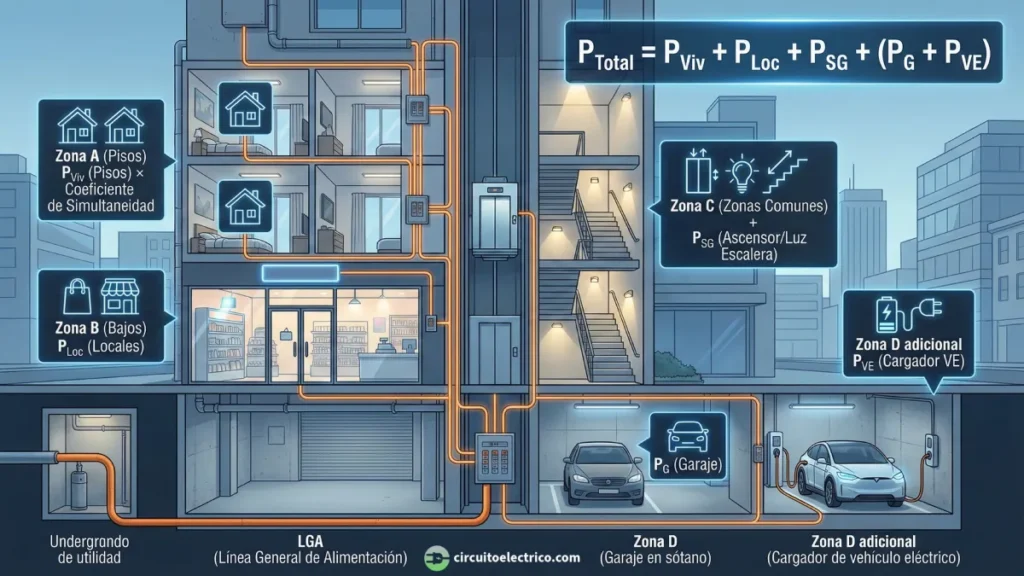 Esquema de desglose de potencias para el cálculo de la LGA en un edificio. Muestra la suma de cargas por zonas: Zona A (Viviendas con coeficiente de simultaneidad), Zona B (Locales), Zona C (Servicios Generales/Ascensor) y Zona D (Garaje + Infraestructura de Vehículo Eléctrico)