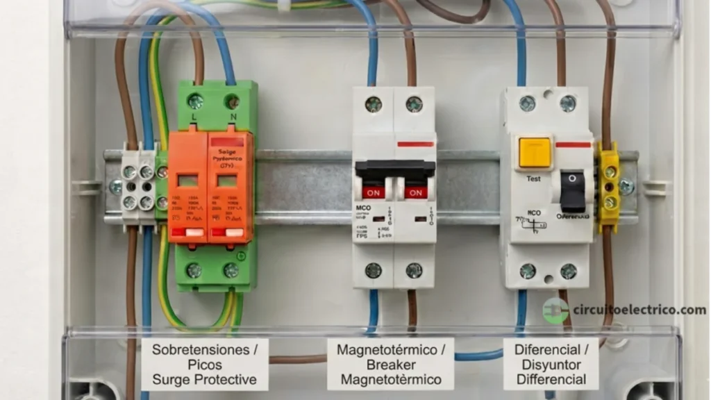 Primer plano de un cuadro eléctrico con sus tres dispositivos de seguridad etiquetados: Protector de sobretensiones (izquierda), Magnetotérmico o Breaker (centro) y Diferencial o Disyuntor (derecha) con botón de test